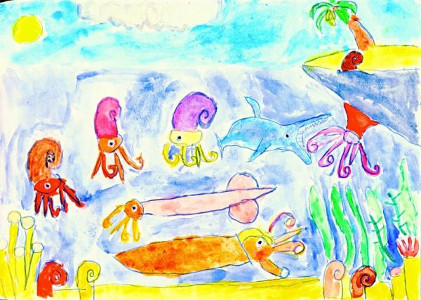 Конкурс рисунка «МИР ГЛАЗАМИ ДЕТЕЙ» Галерея "Морской пейзаж, аммониты и кальмары" custom text